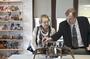 Professor Gary Parker discusses work done by his computer science students with Jean C. Tempel '65, trustee emeritus. Each department in New London Hall (biology, botany and computer science) had student research on display after the dedication ceremony. 