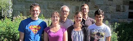 Group shot of the Bioluminescence Research Group 2013, including from left to right, Derrick Roy '14, Danielle Fontaine, Professor Bruce Branchini, Tara Southworth,  Curran Behney, Anthony Guerrero '16