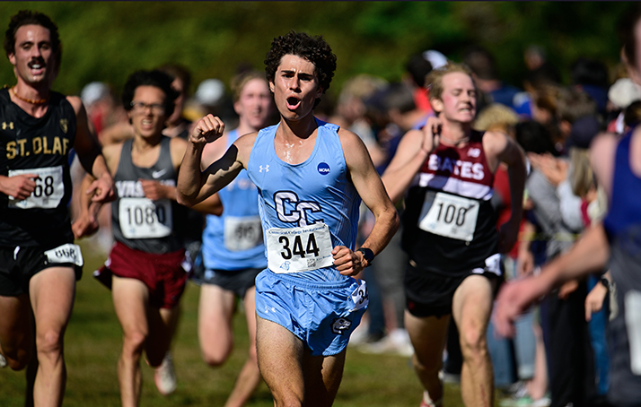 The Men's Cross Country team running in a race.