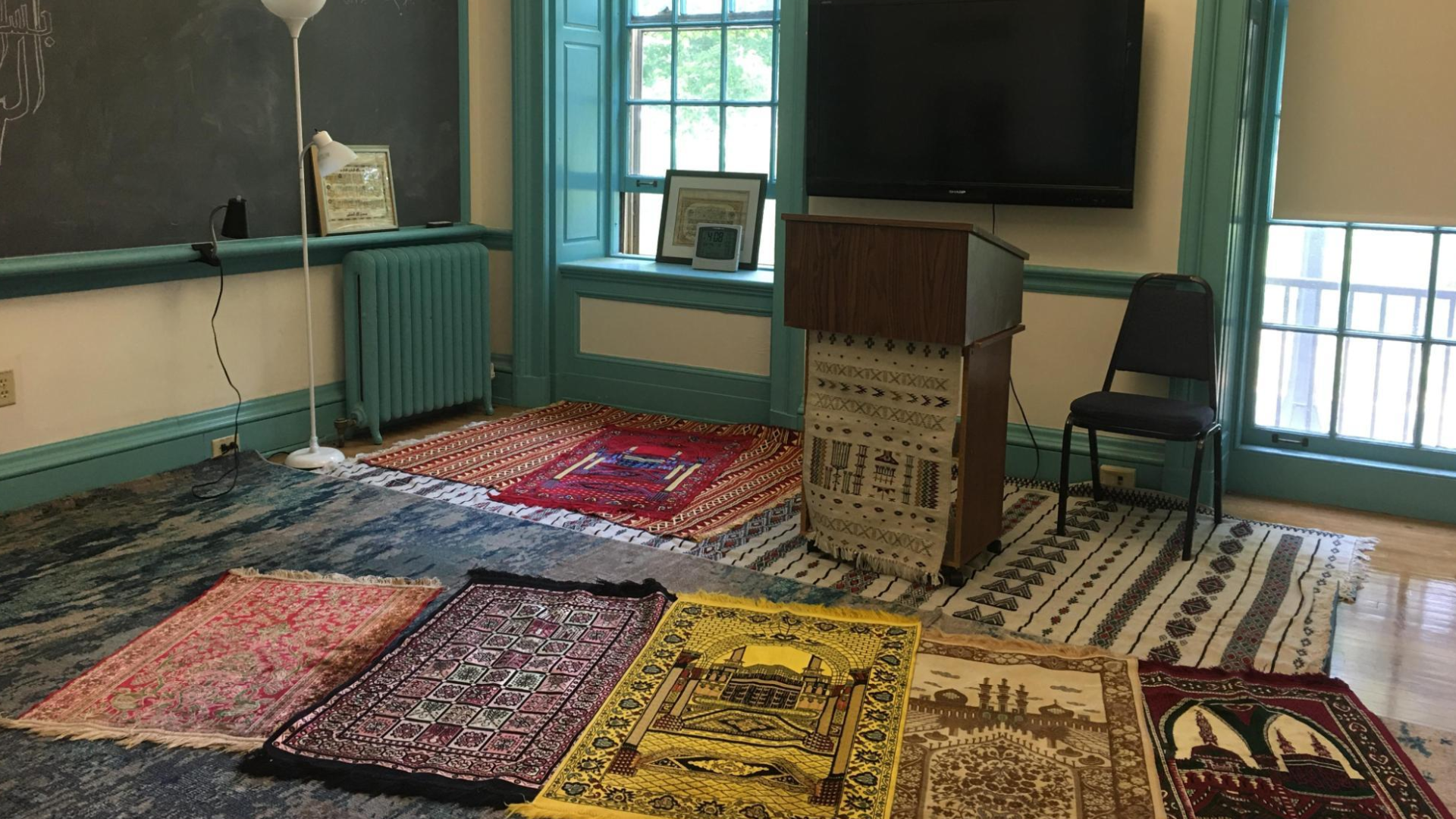 An empty room with a podium