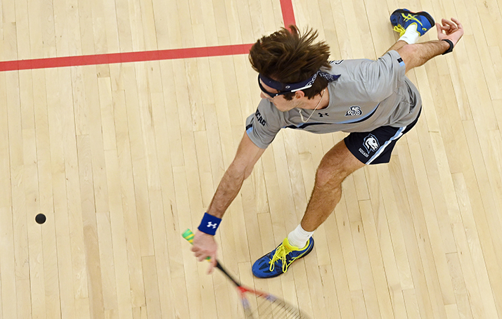 An aerial view of a men's squash match