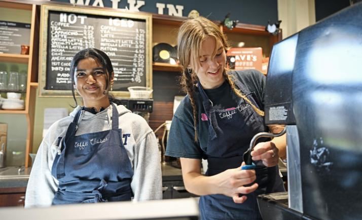 Student workers making coffee