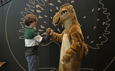 Student handshaking with camel