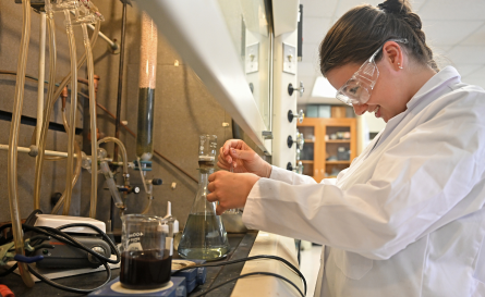 An aerial photo of campus from the chapel looking out over the green of the arboretum.