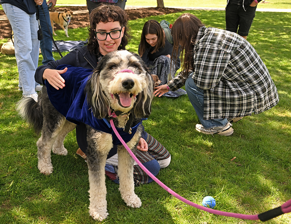 A student pets First Dog Koda
