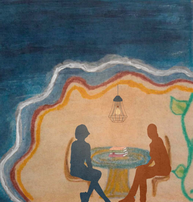 Illustration of two figures sitting at a table.