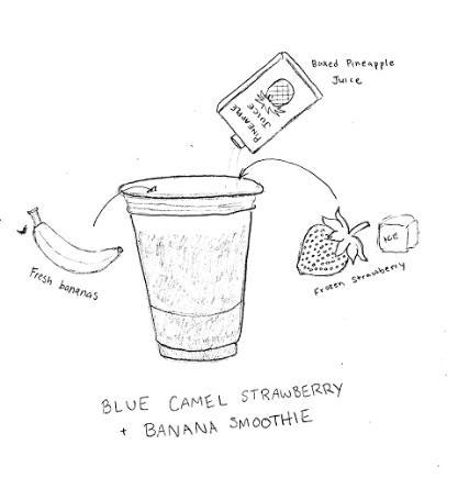 Hand-drawn illustration by Dani Maney of a strawberry smoothie with ingredients
