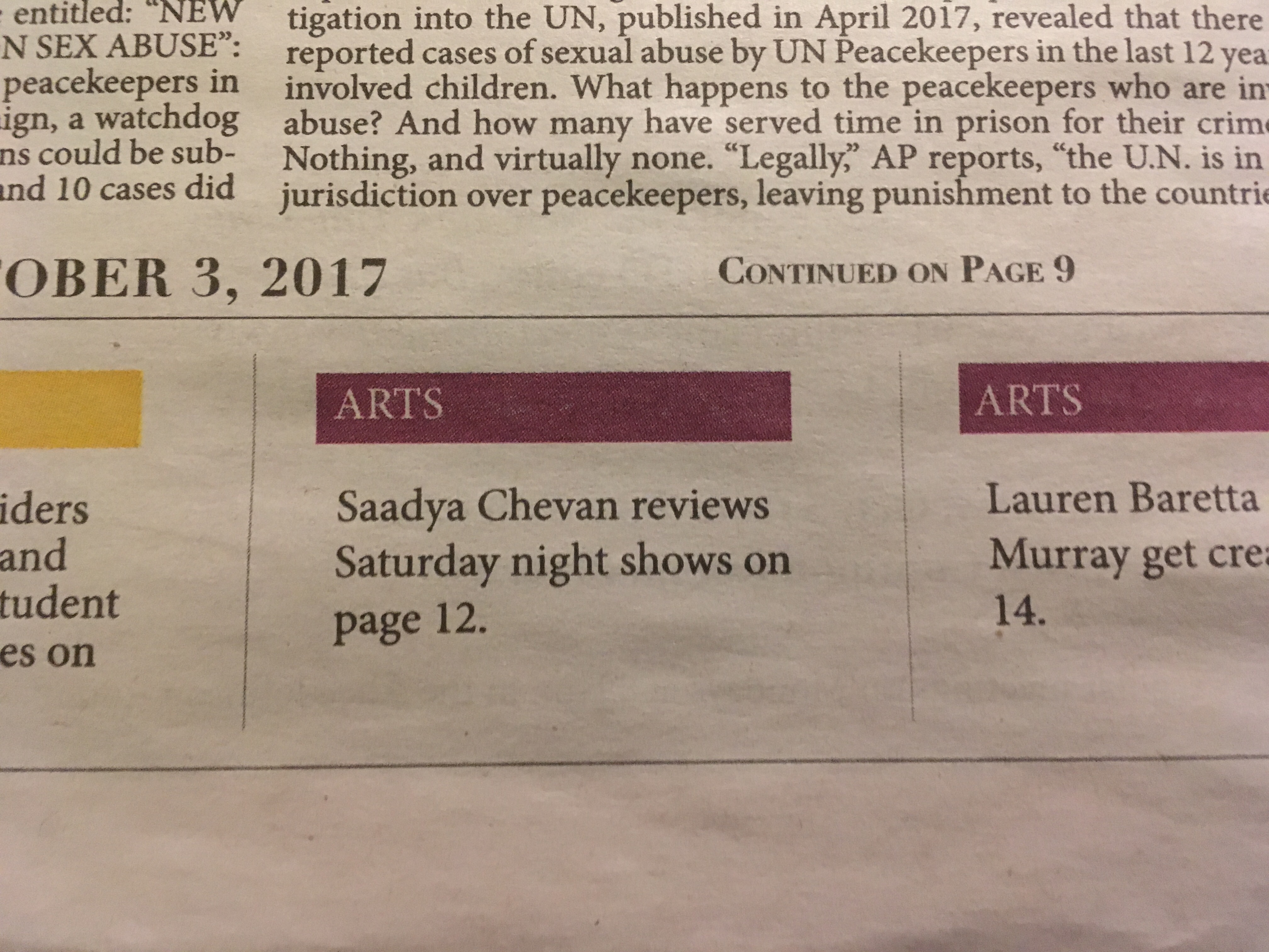 A photo of Saadya's article in the College voice stating: