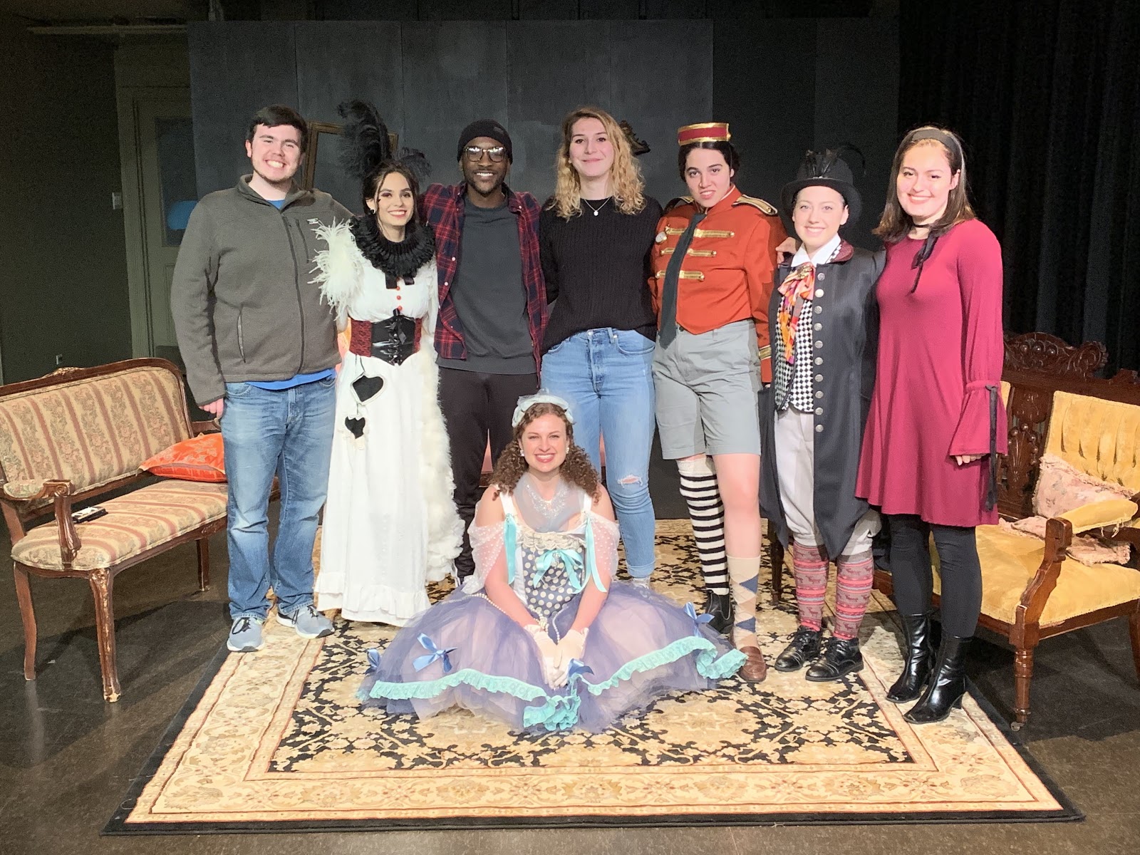 Declan Rockett ‘20, Scarlett Diaz-Power ‘20, me, Morgan Grant ‘20, Mia Barbuto ‘22, Becca Collins ‘21, Carly Sponzo ‘21 and Sonia Joffe ‘19 pose in their costumes on the set of No Exit