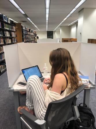 Lexi sits with her back to the camera facing the inside of a cubicle on the third floor of the library. She has her laptop out on the desk studying