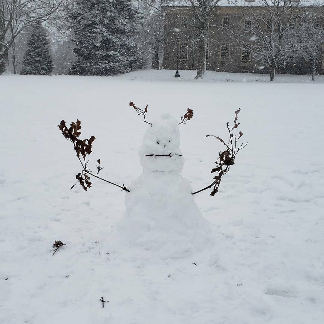 A lumpy, scary looking snowman with stick ears, hands, and mouth with 
