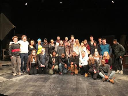 A.T. and the class pose with Jude Sandy on stage at Trinity Rep