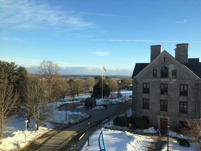 A view of Connecticut College in the snow, from the 4th floor of New London Hall