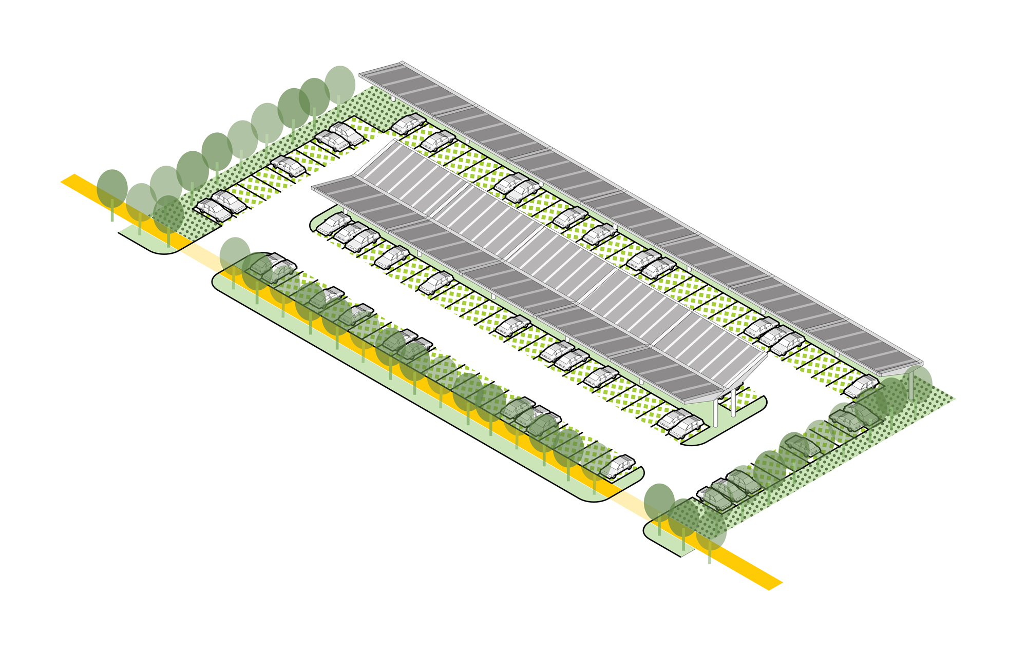  Concept rendering of a parking garden that provides stormwater management and solar panels. 