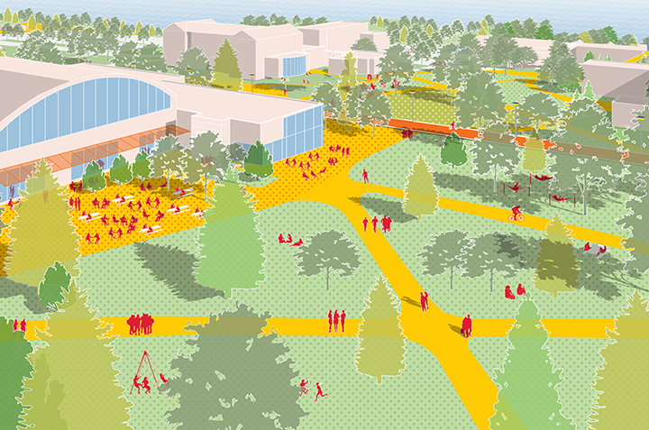 A concept rendering reimagining the space between Shain Library and Cro as an outdoor hub of daily student activity.