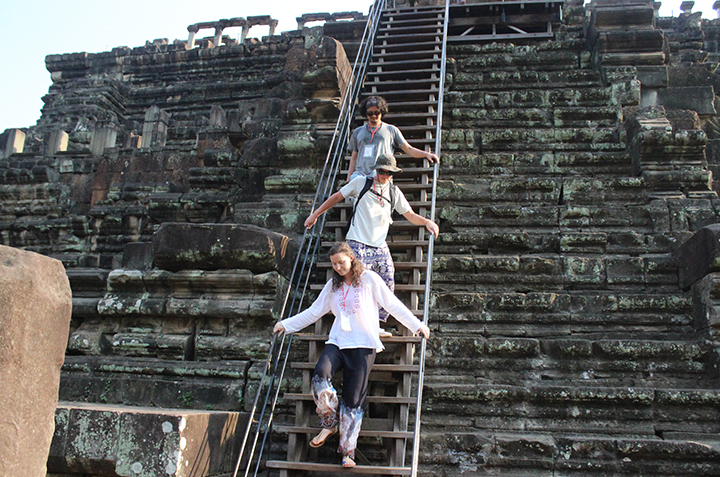 Wesley Conner ’17, Corbin Maynard ’17, and Morgan Kleyweg ’17 descend Baphuon temple at Angkor Thom in northern Cambodia.