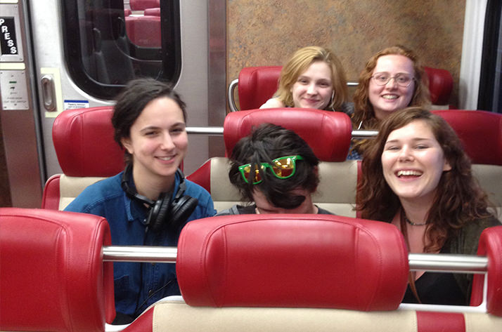 Slavic Studies students on the train on their way to New York City for a class.