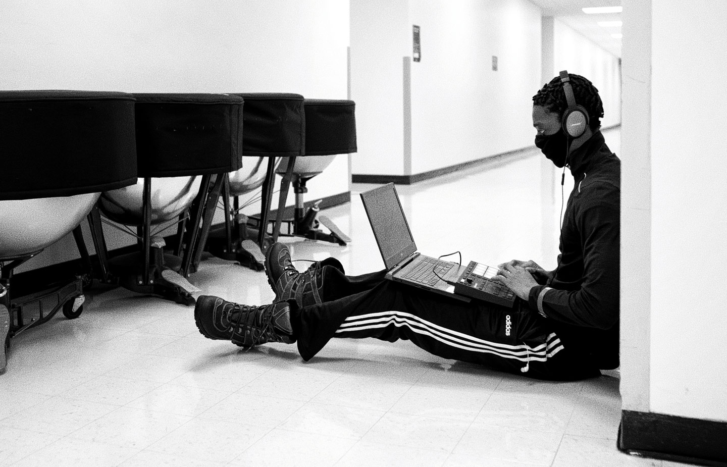 Portrait of Danso Kuzoe-Jones ’22 programming music on his computer