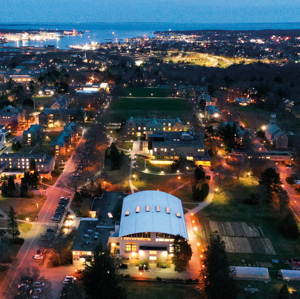Drone image of the campus at night