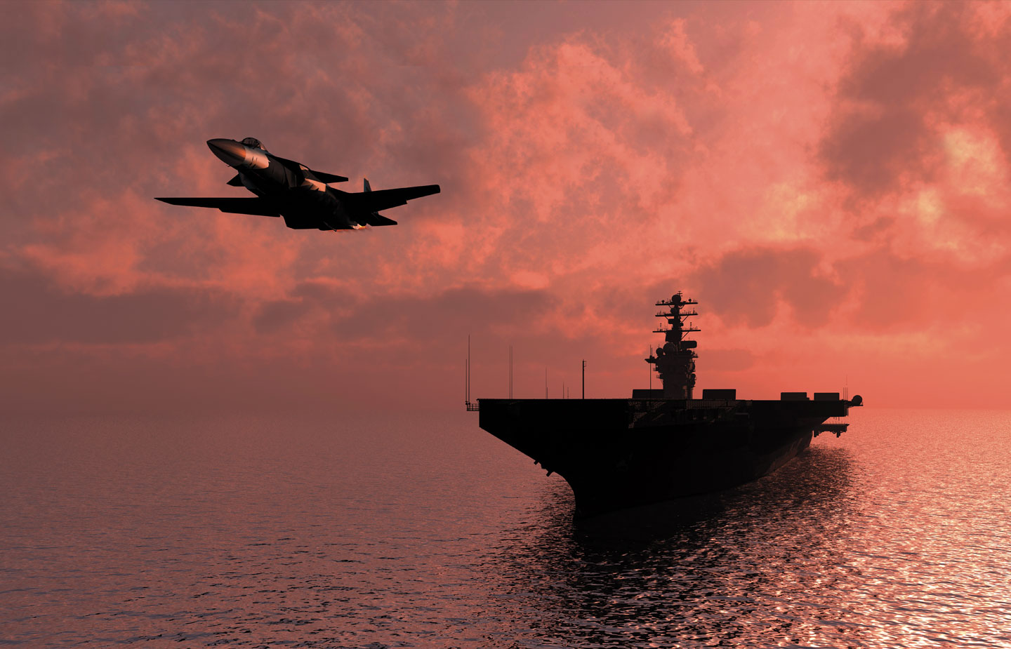 Photo illustration of a plane take off from an aircraft carrier