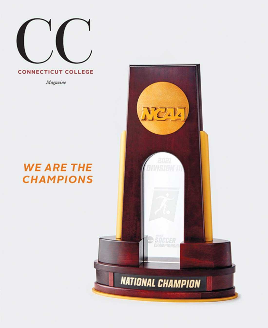Image of NCAA men's soccer trophy on cover of CC Magazine