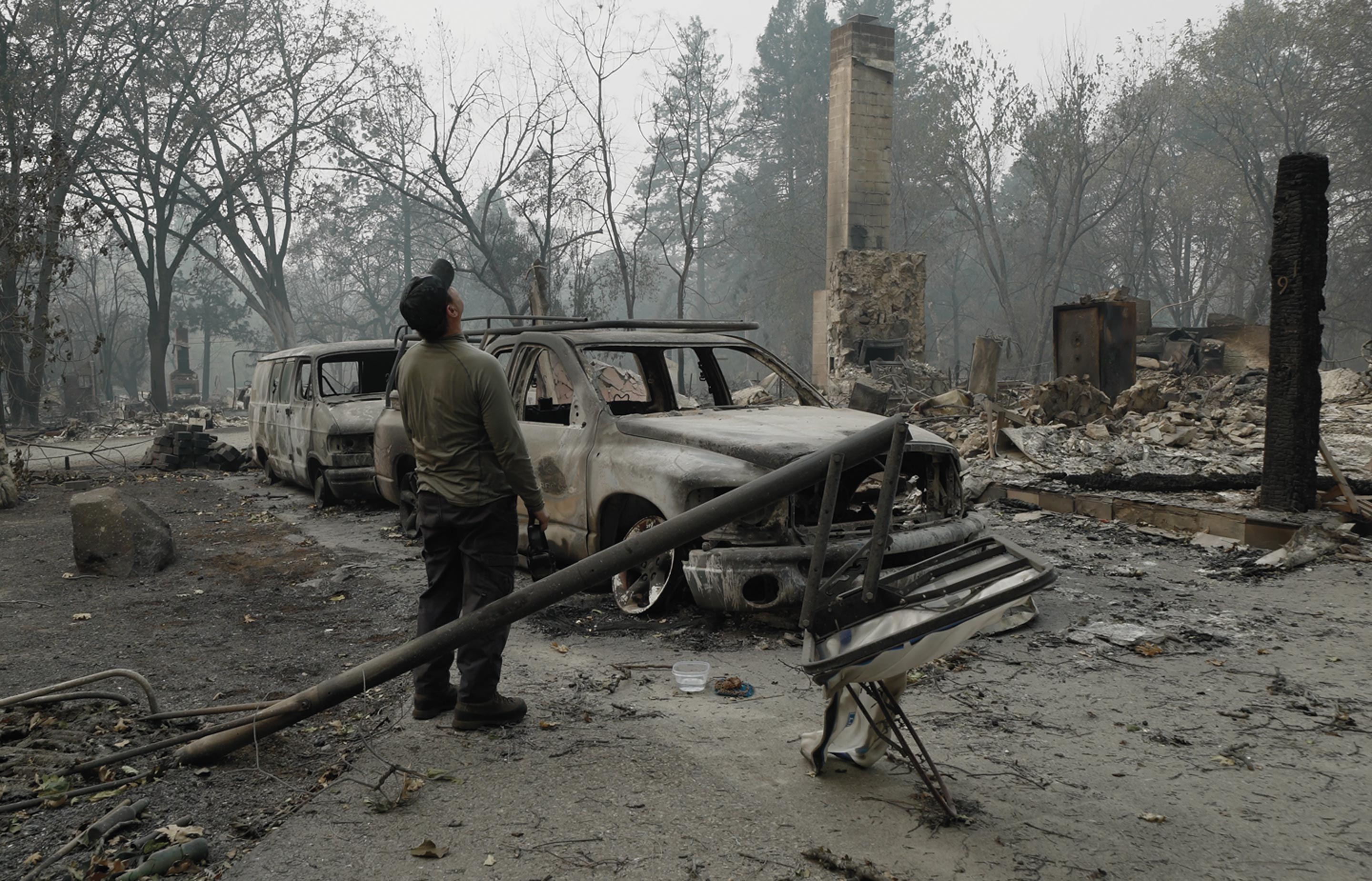 Man next to burnt out car in forest looking up at sky
