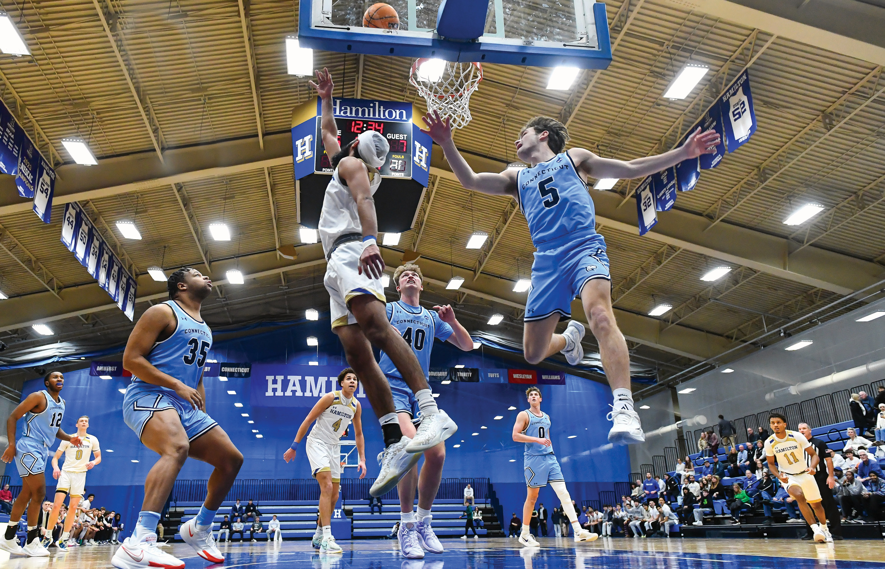 R.J. Casey jumps up to rebound a shot vs. Hamilton.
