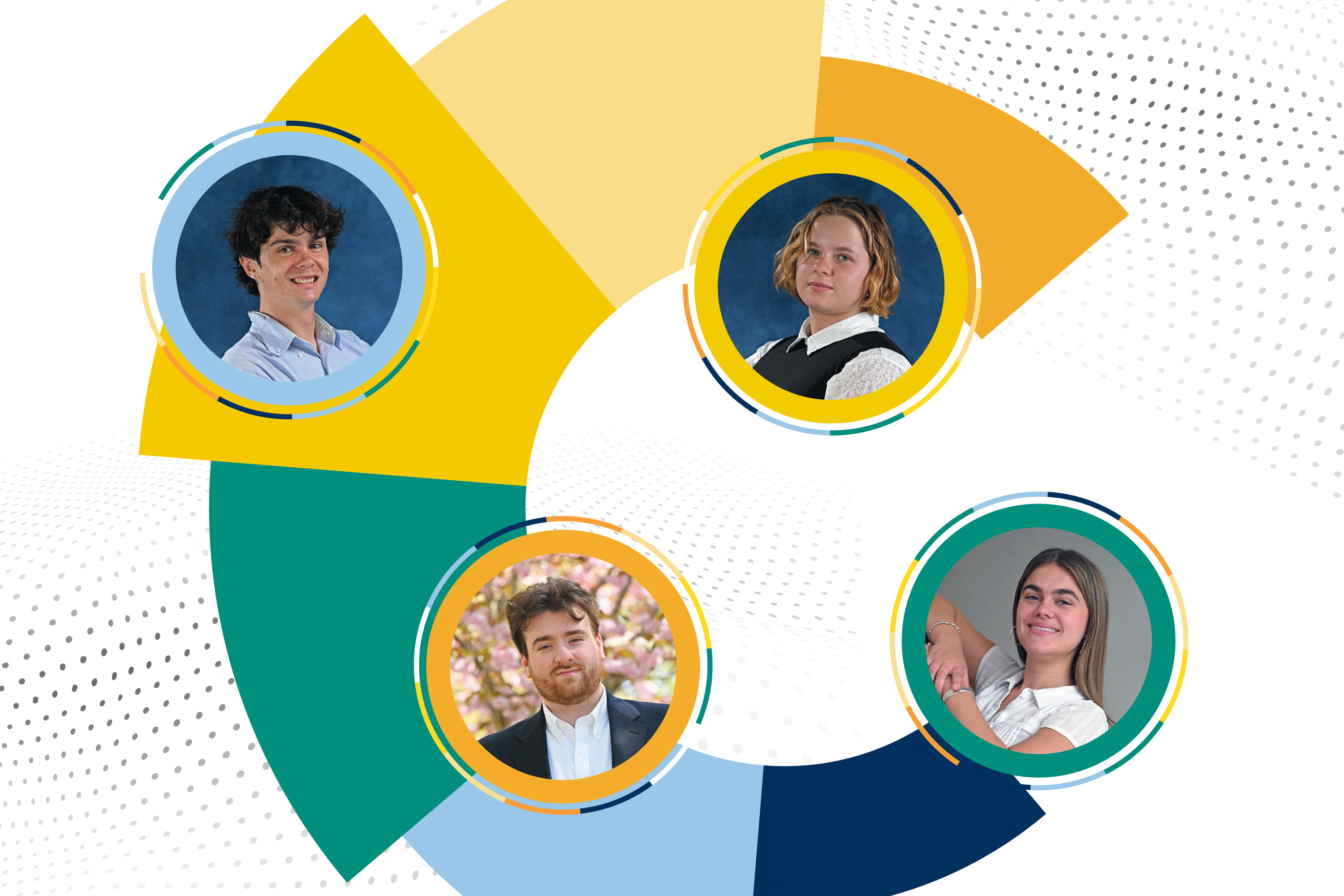 Connections branding collage with four student headshorts