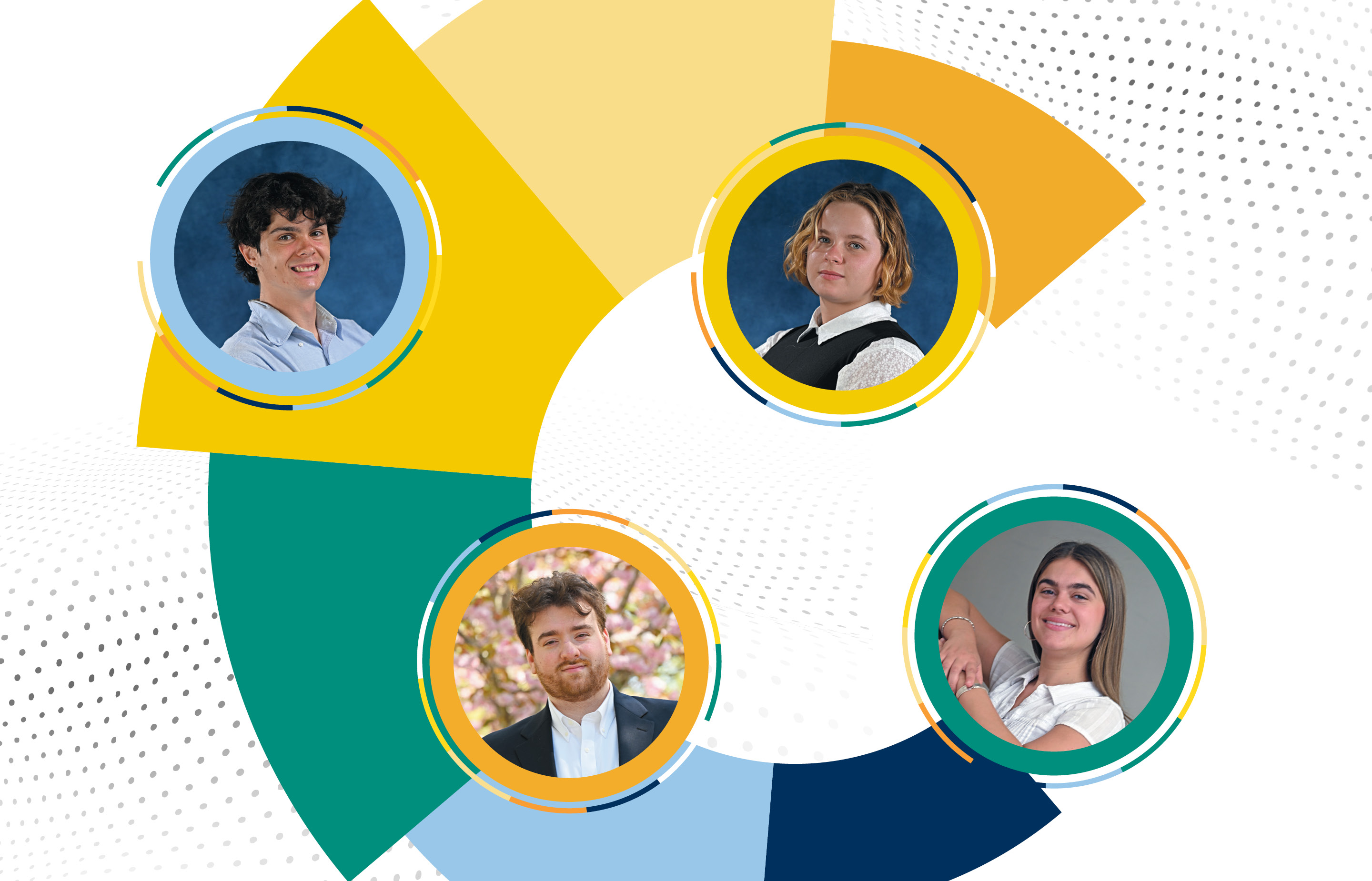 Connections branding collage with four student headshorts
