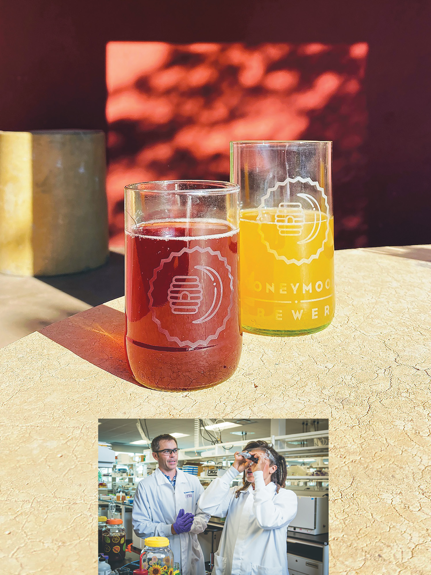 Glass of red and yellow kambuchas, inset image of Ayla Bystrom-Williams ’07 Founder and CEO of Honeymoon Beverage Company in a lab with a partner.
