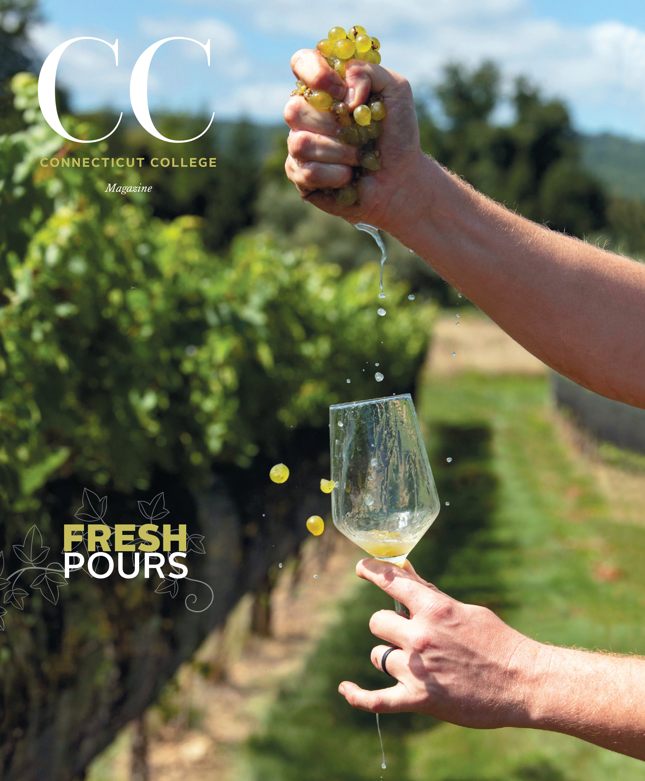 Image of hand squeezing fresh green grapes in a vineyard