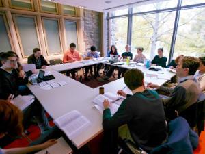 Students in class inside the Science Center at New London Hall