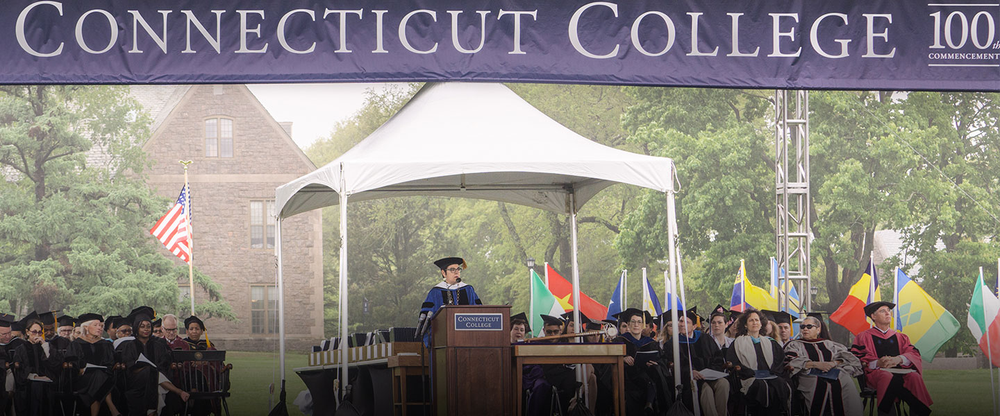 President Katherine Bergeron addresses the Class of 2018 at Commencement