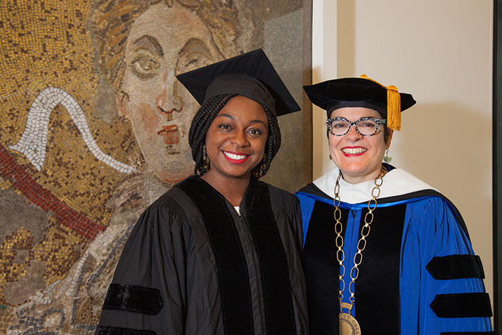 President Katherine Bergeron (right) with 2018 Commencement Keynote Speaker Jazmine Hughes '12
