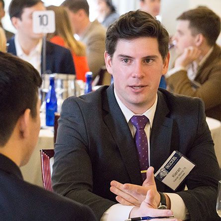 Kieran Morris '15 networks with fellow athletes at the Camel Athletics Club Career Networking Day.