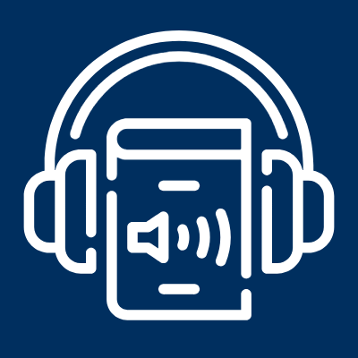 Icon of a book wearing headphones with sound waves, representing an audiobook or audio reading.