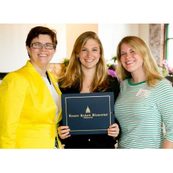 Alia Roth '14, center, poses with Laura Cordes, executive director of CONNSACS, left, and Darcie Folsom, Connecticut College’s coordinator of sexual violence education and advocacy, right, after being honored with the Gail Burns-Smith award at a recent ceremony.