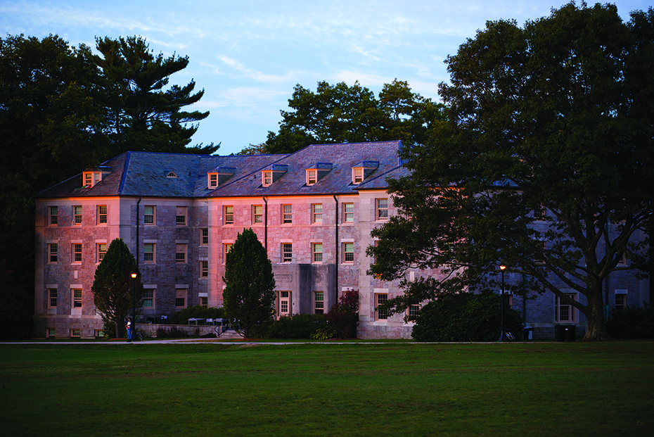 The breaking dawn gives a rosy tinge to the east face of Mary Harkness House residence hall, built in 1934. 