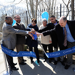 (L-R) Vice President for Administration Ulysses Hammond, New London Mayor Daryl Justin Finizio, President Katherine Bergeron, SEAT Bus board member and President of the New London Board of Education Margaret 