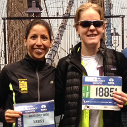 Analisse Rios '08, left, and Eliza Cooper '08 prepare to run the 2015 New York City Marathon.