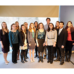 The 2015 Winthrop Scholars are (L-R): Victoria Iannarone '15, Jessica Karpinski '15, Sara Maclean '15, Cassandra Desjourdy '15, Jordan Thomas '15, Shelby Bourgault '15, Alexis Adams-Clark '15, Emily LaRochelle '15, Gregory Vance '15, Avery Whitlock '15, Lauren Vunderink '15, Noam Waksman '15 and Jasmine Kelekay '15.