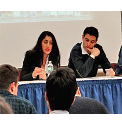 Pari Ibrahim (left), founder of the Free Yezidi Foundation, and David Sklar, adviser to the prime minister of Kurdistan, took part in a panel discussion on the current state of the Islamic State of Iraq, or ISIS, in the Middle East.
