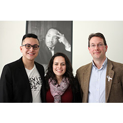 The 2014 Dr. Martin Luther King Jr. Service Award winners are (from left): Anthony Sis '14, Associate Director of OVCS Kimberly Sanchez and Associate Professor of History Leo Garofalo.
