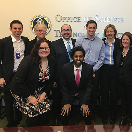 Justin Koufopoulos ’10 (back row, far left) and other presidential innovation fellows pose with Chief Technology Officer of the United States Megan Smith (second from right). 