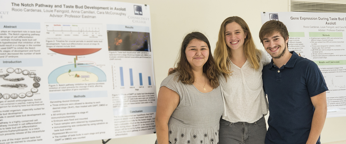 Three students pose in front of a poster that describes their research on the embryo of an obscure species of Mexican salamander
