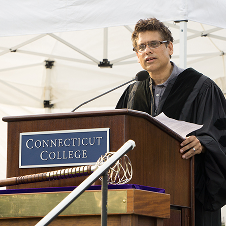 A close up shot of Professor Bhatia giving the keynote address at Convocation.
