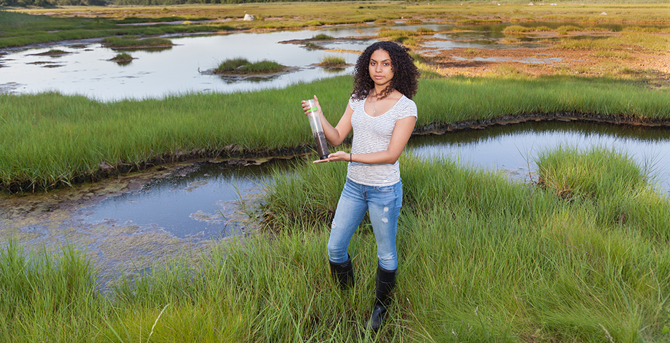 Isis Torres Nunez '20 conducts research on Barn Island