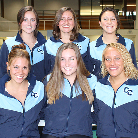The six seniors on the women's swimming and diving team pose for a group photo. (Top row, L-R) Olivia Haskell '19, Maeve Wilber '19 and Sydney Krisanda '19. (Bottom row, L-R) Nicki Abraham '19, Catherine Rodgers '19 and Danielle Fergus '19. Haskell, Wilber and Fergus all earned All-NESCAC honors at this weekend's NESCAC Championships. 