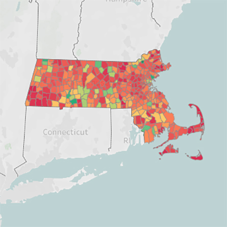 An interactive map created by Sam Crockford ’22 to explore the relationship between societal factors and regional deaths caused by alcohol, drug use and suicide in Massachusetts.