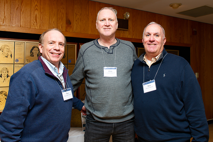 Paul Canelli ’79 P’12, Christopher Bergan ’81 and Richard Wolff ’84 attend the 50th anniversary celebration of Camel men’s basketball.